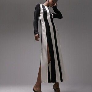 ASOS TOPSHOP Black & White Stripe Satin Long Sleeve Multi Slit Maxi Dress Size 2